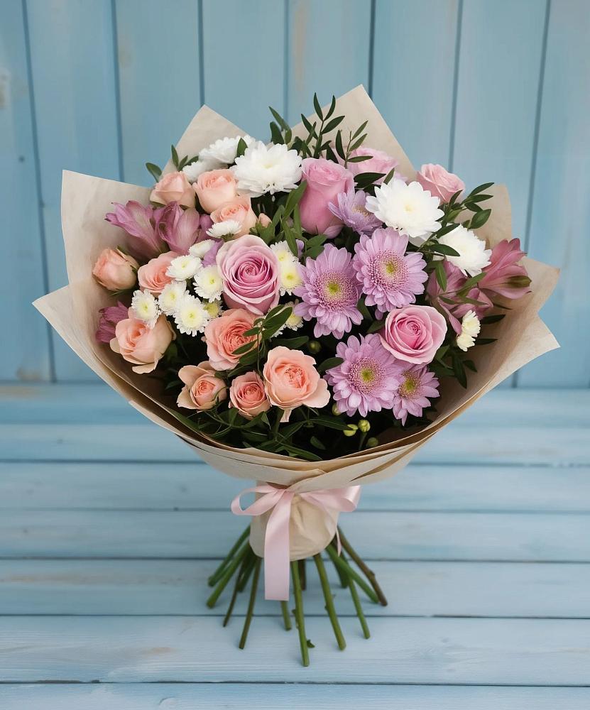 Букет цветов из: Хризантемы, Розы и Альстромерии в Пестравка