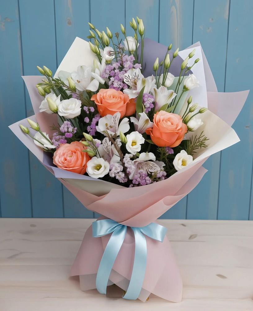 Букет цветов из: Лизиантусы, Розы, Альстромерии и Гипсофила в Пестравка