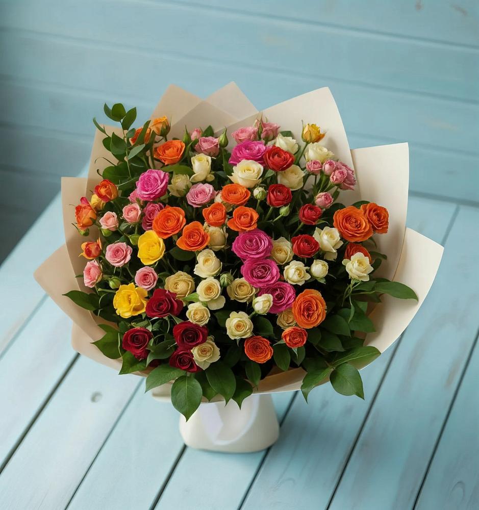 Букет Микс из разноцветных кустовых роз в Пестравка