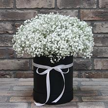 Цветочная композиция из Гипсофила в шляпной коробке в Пестравка
