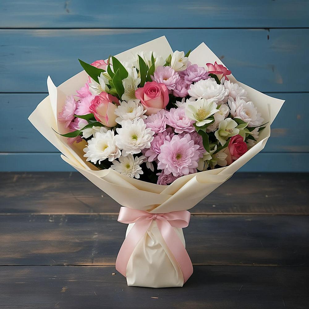 Букет цветов из: Хризантемы, Альстромерии и Розы в Пестравка